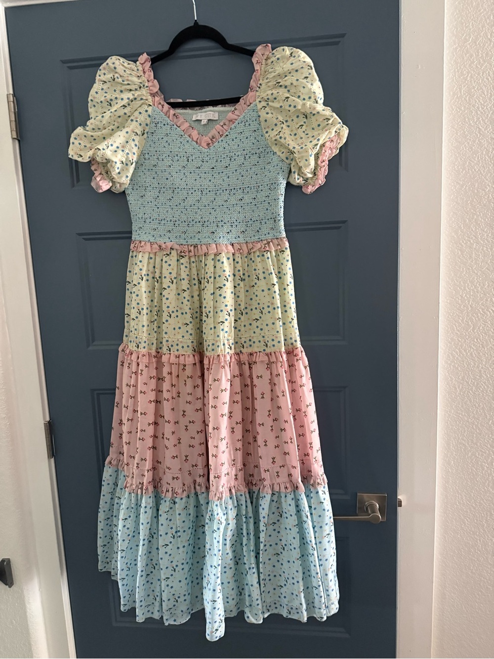 Multi-Color Tiered Puff-Sleeve Dress
